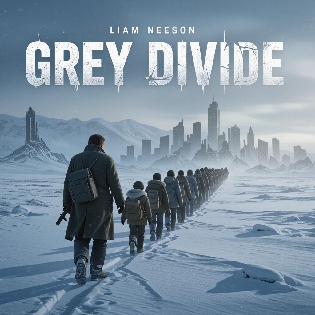 Liam Neeson leads a line of children across a snowy wasteland towards a skeletal city. The scene is bleak and overcast with golden rays breaking through.