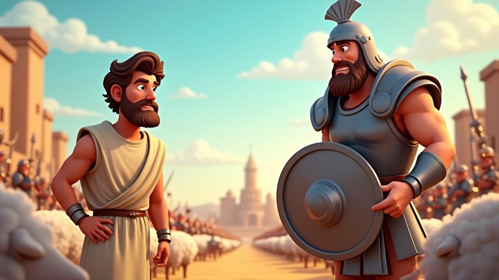 3D cartoon illustration of David tending sheep on one side and Goliath with the Philistine army on the other side. Dynamic close-ups of David in shepherd attire looking calm and brave and Goliath sneering in shining armor. Bright and exciting title: "David and Goliath: A Story of Faith!"