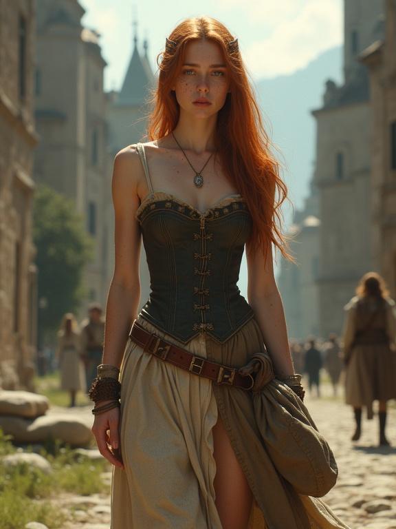 Scene features a detailed depiction of a sad teenage girl. She has long auburn hair and green eyes. Wears a sleeveless corset dress with a split skirt over boots. Walking through a medieval city. Pale skin and freckles add to her distinct look.