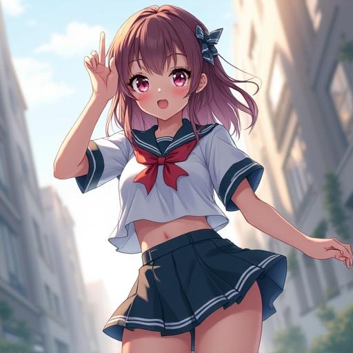 A cute schoolgirl character wearing a mini skirt and anime-style eyes. The character has a playful expression, with one finger raised in a cheerful pose.