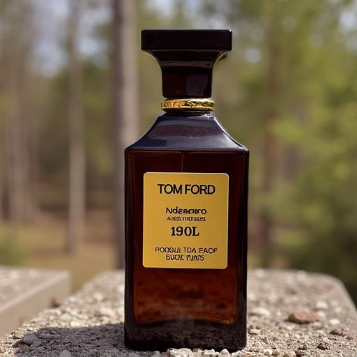 Close-up image of Tom Ford fragrance. Dark perfume bottle with a gold label. Outdoor setting with blurred background. Natural light highlights the bottle's features.