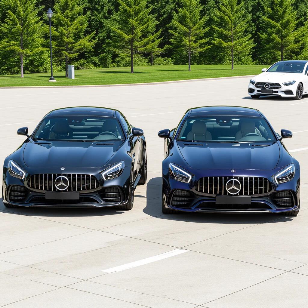 High-quality image of AMG GT 63 and AMG GLE 63 S Coupe parked side by side. Maybach S680 appears in the background. Bright lighting with clear details of the cars is visible. Cars on a smooth surface with lush greenery behind them.