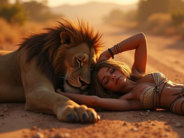 Close up scene in a post-apocalyptic setting, Pixar style, depicting a young tribal blonde girl in tattered clothes sleeping on a dusty road while a large friendly lion heals her shoulder with his tongue. Emphasis on friendship, with calm expressions and warm lighting.