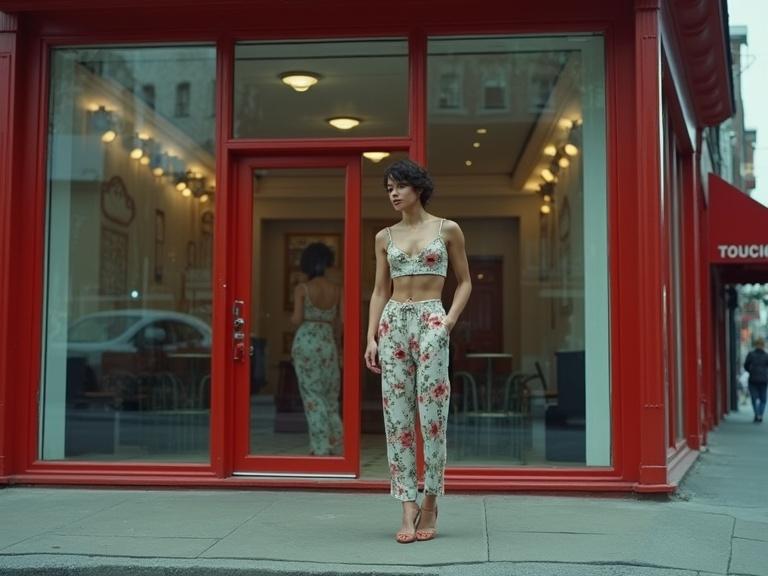 Wide angle shot of an urban building with large glass windows. A man with a soft masculine face is in a floral crop top and high heels, seen standing behind the glass. The scene has soft daylight and reflections on the glass. The architectural details of the building are emphasized with the subject appearing small in comparison.