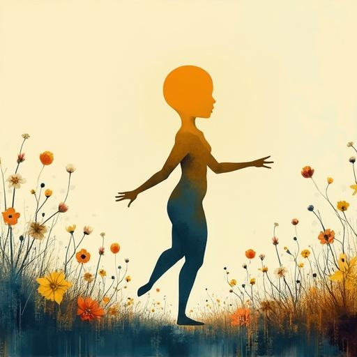Bald gender-neutral figure in silhouette dancing amidst colorful flowers. Figure filled with orange, blue, and yellow colors. Dreamy artistic style emphasizing minimalist surrealism and textured brushwork.