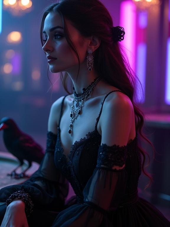 A gothic sorceress in a flowing black chiffon dress. Delicate silver chains run down her bare back attached to a high neckline. Her dress clings to her curves and shimmers in purple. Mysterious emblems embroidered in silver thread. The scene includes a crow nearby and hints of henna designs on her thigh. Dark lace cuffs accentuate her wrists and a necklace of black roses adorns her neck. The lighting creates dramatic shadows on her collarbone with a ghostly ambiance.