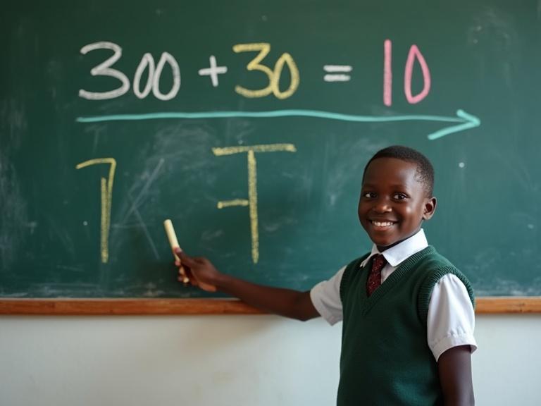 Photograph shows a smiling Nigerian primary school boy at a chalkboard. He holds chalk and points to 300 ÷ 30 = 10. Colorful number lines are on the board. Boy wears school uniform. The setting is bright and encouraging for learning.