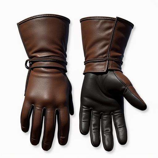 Pair of leather gloves showcasing back side. Realistic style suitable for ARPG games and as a digital asset. No background, transparent for versatility in use.