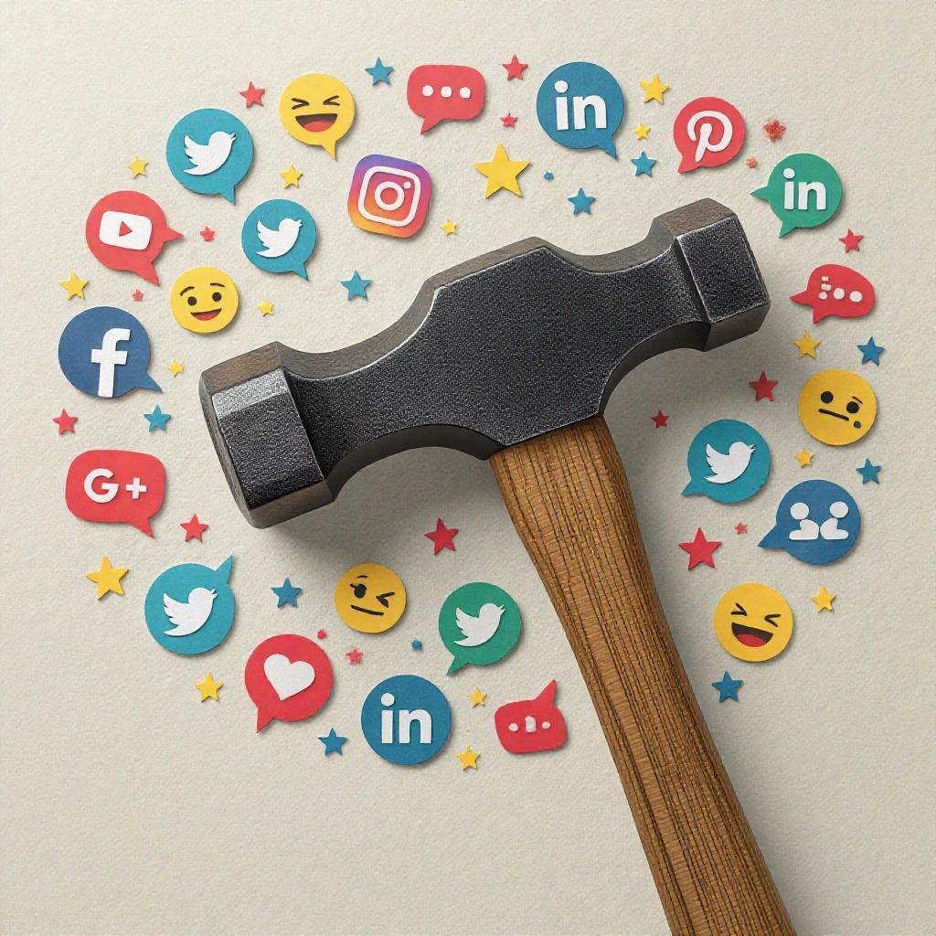 A hammer is surrounded by colorful social media icons. The hammer symbolizes the strength or impact of social media interactions. Various logos are displayed in a circle around the hammer. The design includes playful and vibrant colors.