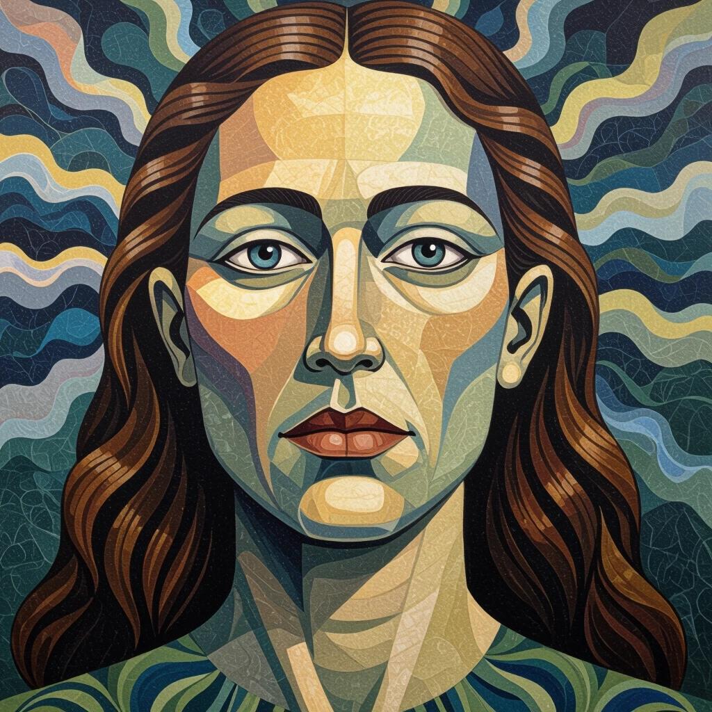 Portrait of a woman with long brown hair. Detailed facial features in a stylized manner. Background waves in various colors represent emotions and nature. Reflects belief in the rights of nature and support for those rights.