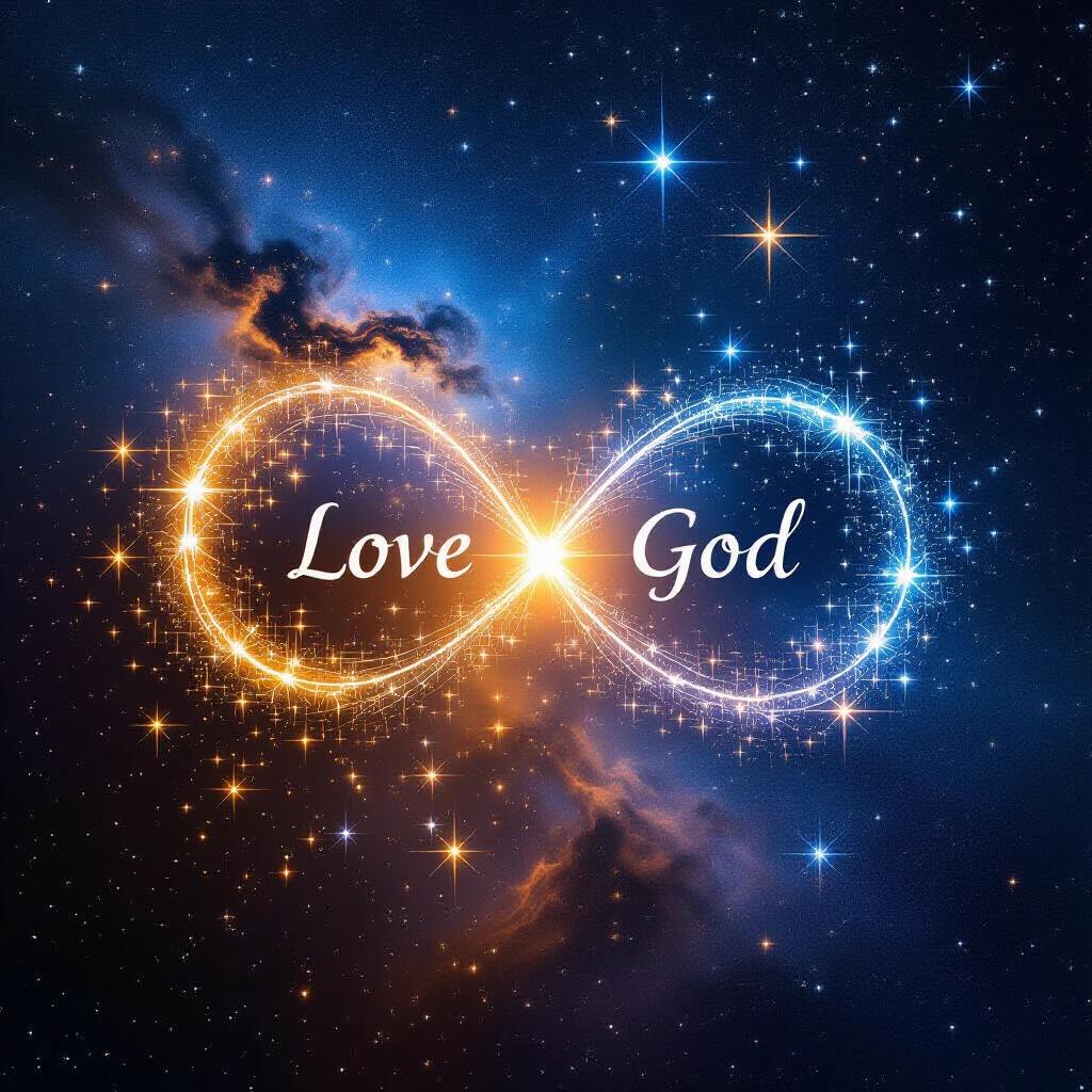 Infinity symbol made of stars. Words Love and God inside the symbol. Cosmic background with glowing colors. Emphasis on spirituality and connection.