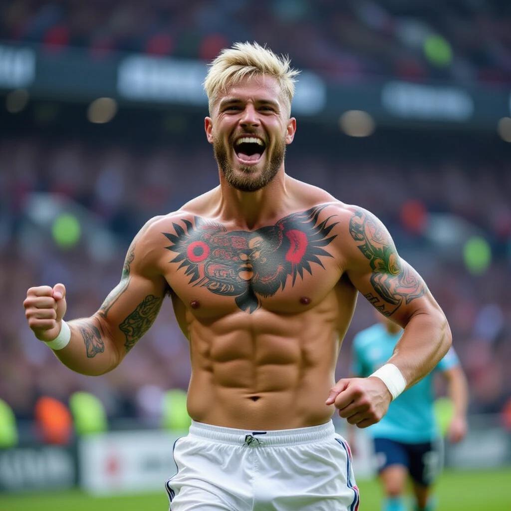 An enthusiastic soccer player celebrating a goal. He has a muscular frame and features a lion tattoo on his chest. He has blond hair. The ambiance is energetic and focused on sports.