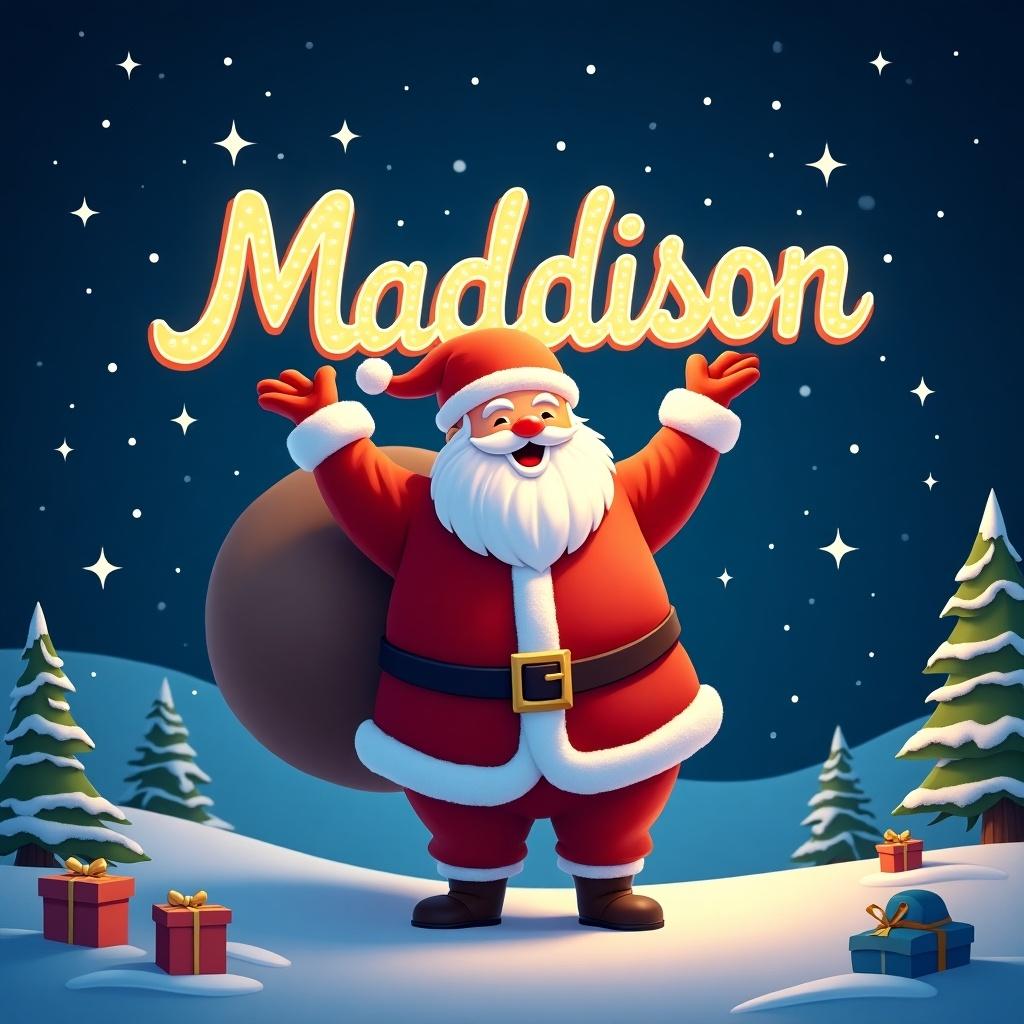 This image features a beautiful Christmas theme with Santa Claus cheerfully writing the name 'Maddison' in the night sky. The vibrant colors create a magical atmosphere, enhanced by a glowing effect from Santa's colorful pen. Surrounding Santa are snow-covered trees and a landscape dotted with festive gift boxes. The mood is joyful and enchanting, perfect for the holiday season. Overall, it evokes a sense of wonder and celebration, ideal for Christmas greetings.