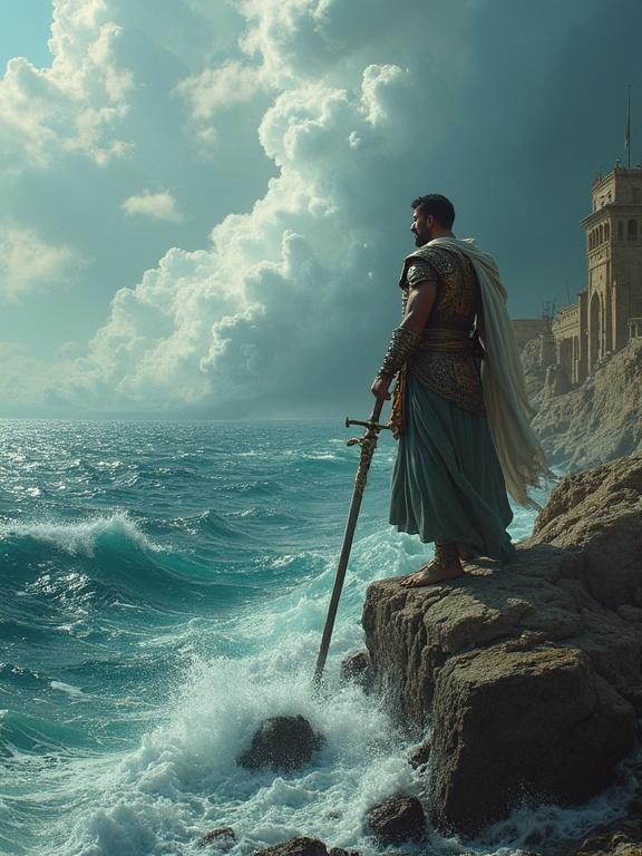 A warrior stands on rocky shore gazing at turbulent sea. Powerful figure in armor holding sword. Dramatic sky with clouds. Ancient architecture in background. Theme of man versus nature.