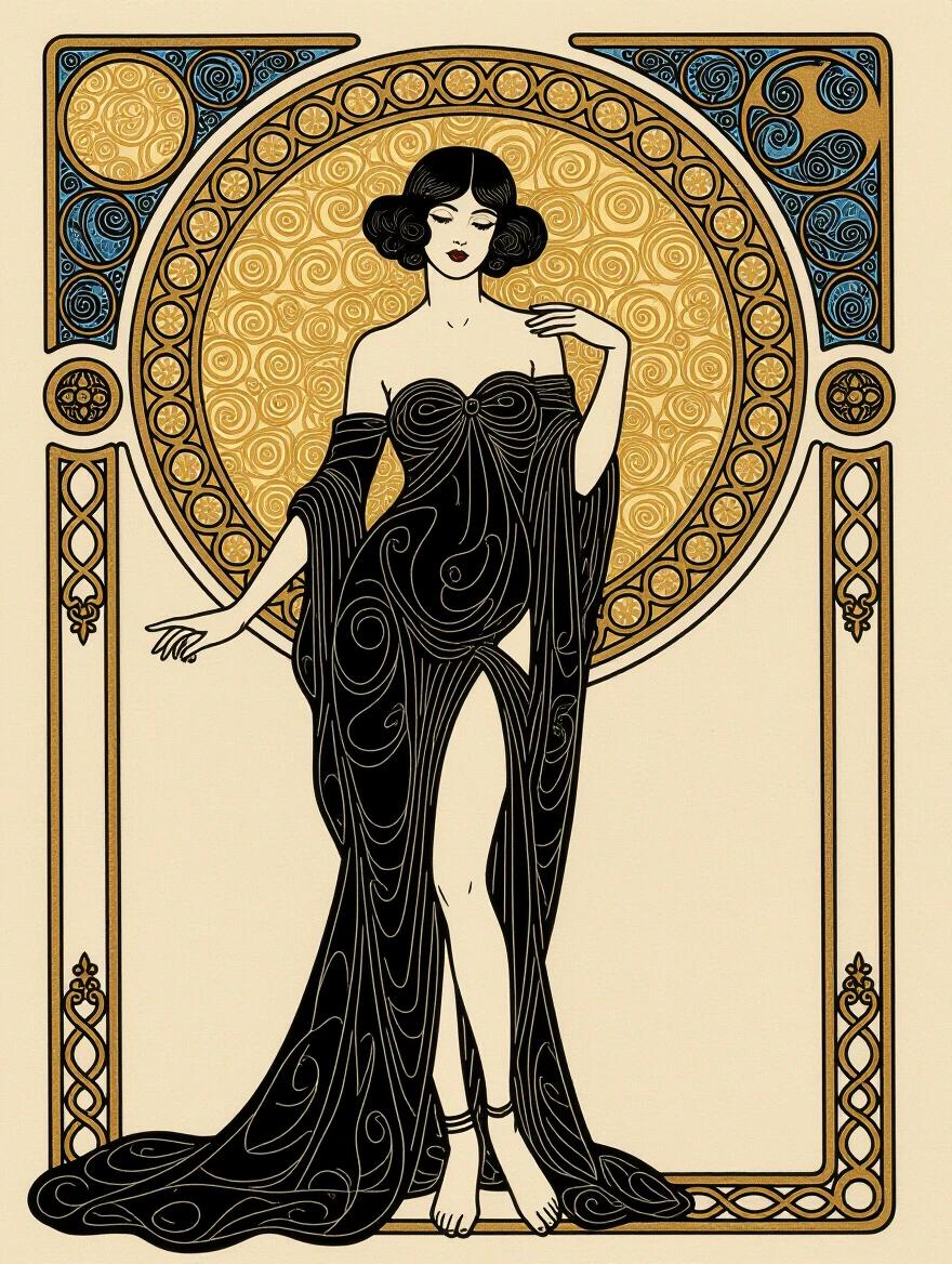 Illustration of a gothic nude masterpiece. The figure is elegantly posed with a flowing dress. Intricate patterns fill the background. The artwork features gold and turquoise accents in a Klimt-inspired style.