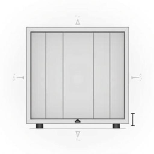 Illustration of a square frame design with six vertical louvers. The frame measures 10 cm by 10 cm with a 0.5 cm border. Louvers are mounted on a pivot for rotation. Each has a knob at the bottom extending below the frame. A sliding bar actuator runs beneath the louvers controlled by a handle.