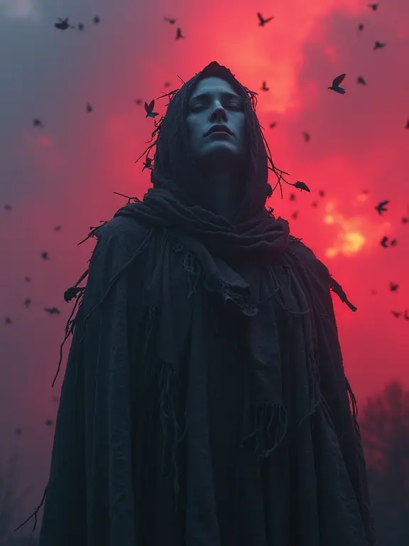 A solitary figure stands in a spectral mist. The figure is pale, head wrapped in bandages and cloaked in dark fabric. Eyes are shut, lips parted in silence. Iridescent cicadas swirl around, some clinging to the wraps. The sky is crimson with ghostly clouds, creating an eerie atmosphere.