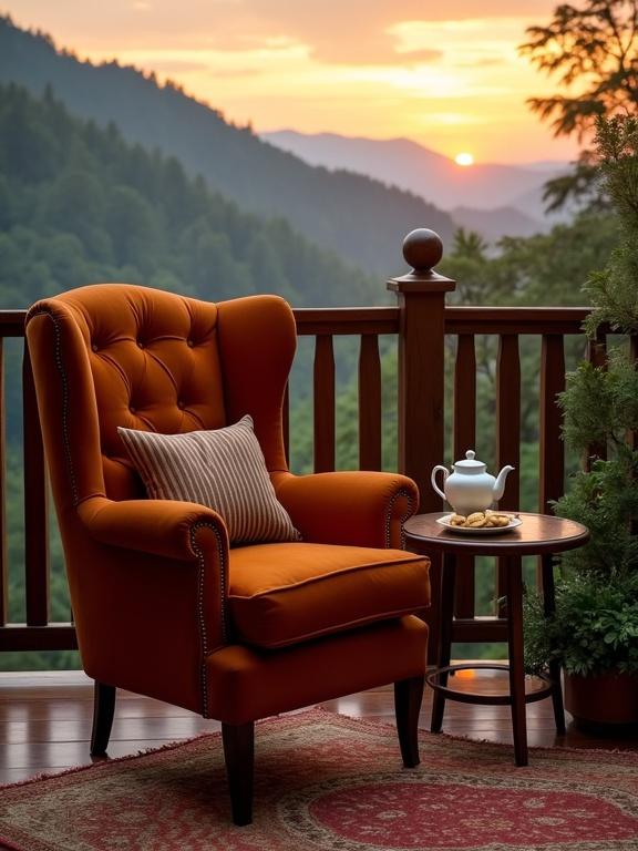 A mountain-side balcony with a plush burnt orange armchair. The setting includes a round table with a teapot and cookies. Hardwood flooring and a traditional area rug are visible. Lush plants add greenery. A scenic sunset over the mountains creates a tranquil atmosphere.