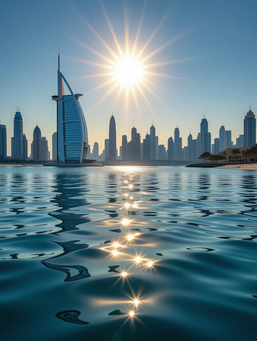 Poster design focusing on light and shadow interplay on aquatic surfaces surrounding Palm Jumeirah Abstract patterns shift with sun movement Kinetic Visual Art style emphasizing water dynamics
