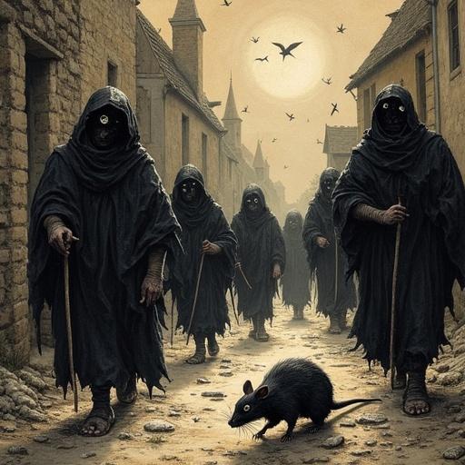 Dark medieval village engulfed in despair. Cloaked figures move ominously down the street. A rat scurries near plague carts. Shadows bleed into one another creating a sense of decay. Flickering torchlight reflects in the rat's eyes. Chaos of the dying surrounds. Artwork evokes fear and hopelessness through distorted forms.