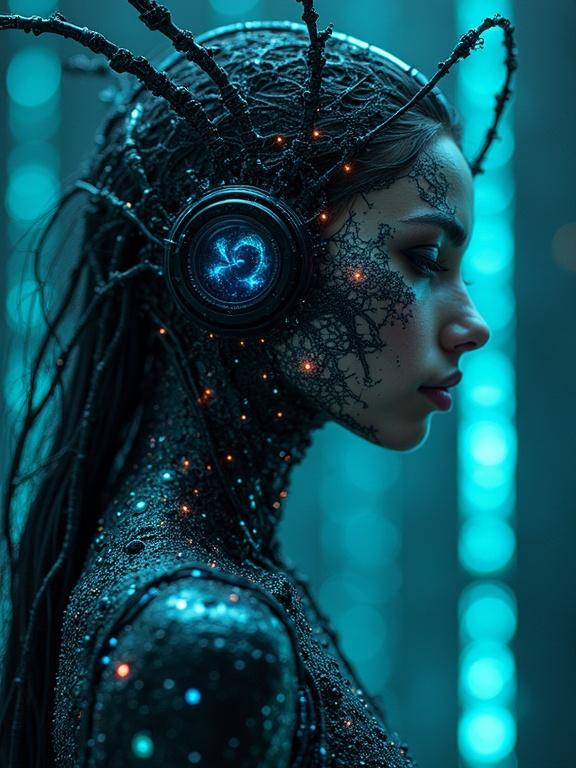 Cybernetic dark fairy connecting to the network. Bioluminescent features and intricate details. Ferrofluid suit with patterns resembling neural networks. Background depicting neural networks. Hyper-detailed digital painting in a cyberpunk-realism style.