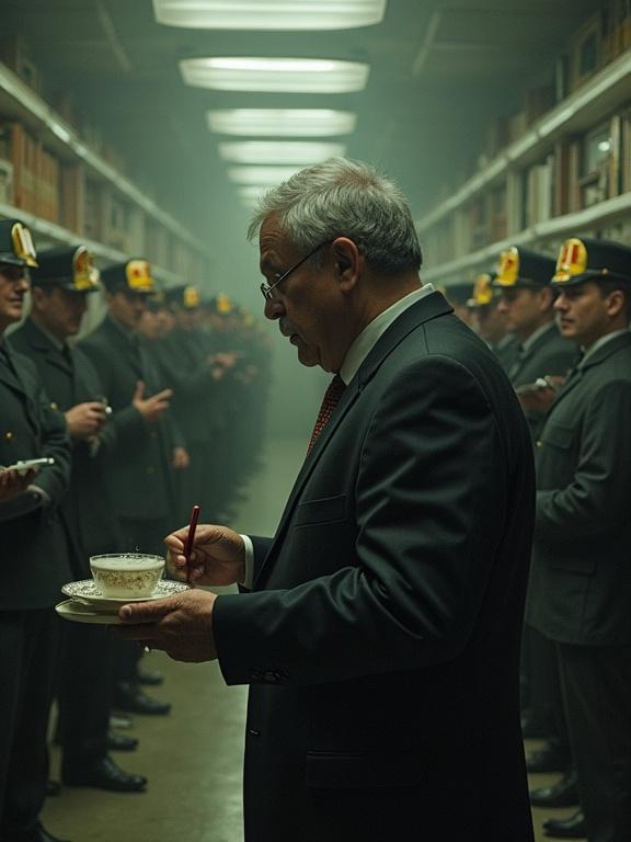 A conductor stands in a dimly lit corridor filled with uniformed men. He holds a cup and appears contemplative. The atmosphere is tense with a historical or nostalgic feel.