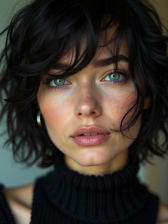 Extreme close-up macro portrait with heavy film grain. Subject tilts head playfully to the right. Beautiful 30-year-old French Italian woman with black waves covering one eye. Camera captures vibrant turquoise eyes. Subject has full lips and wears a black knit sweater off the shoulder.