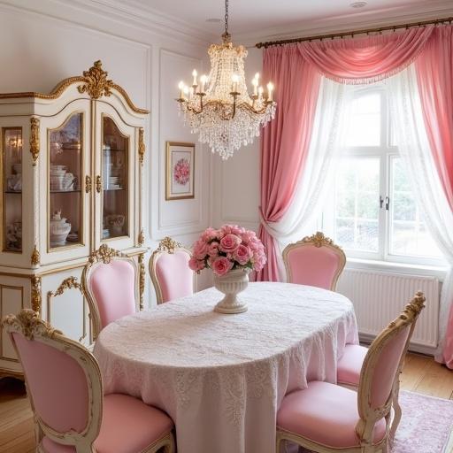 Rococo dining room in pink and gold colors. Elegant pink and white table and chairs. Crystal chandelier hangs above. Vase with pink roses on lace tablecloth. Light pink china cabinet with rose print tableware. Gold mirror above white buffet cabinet.