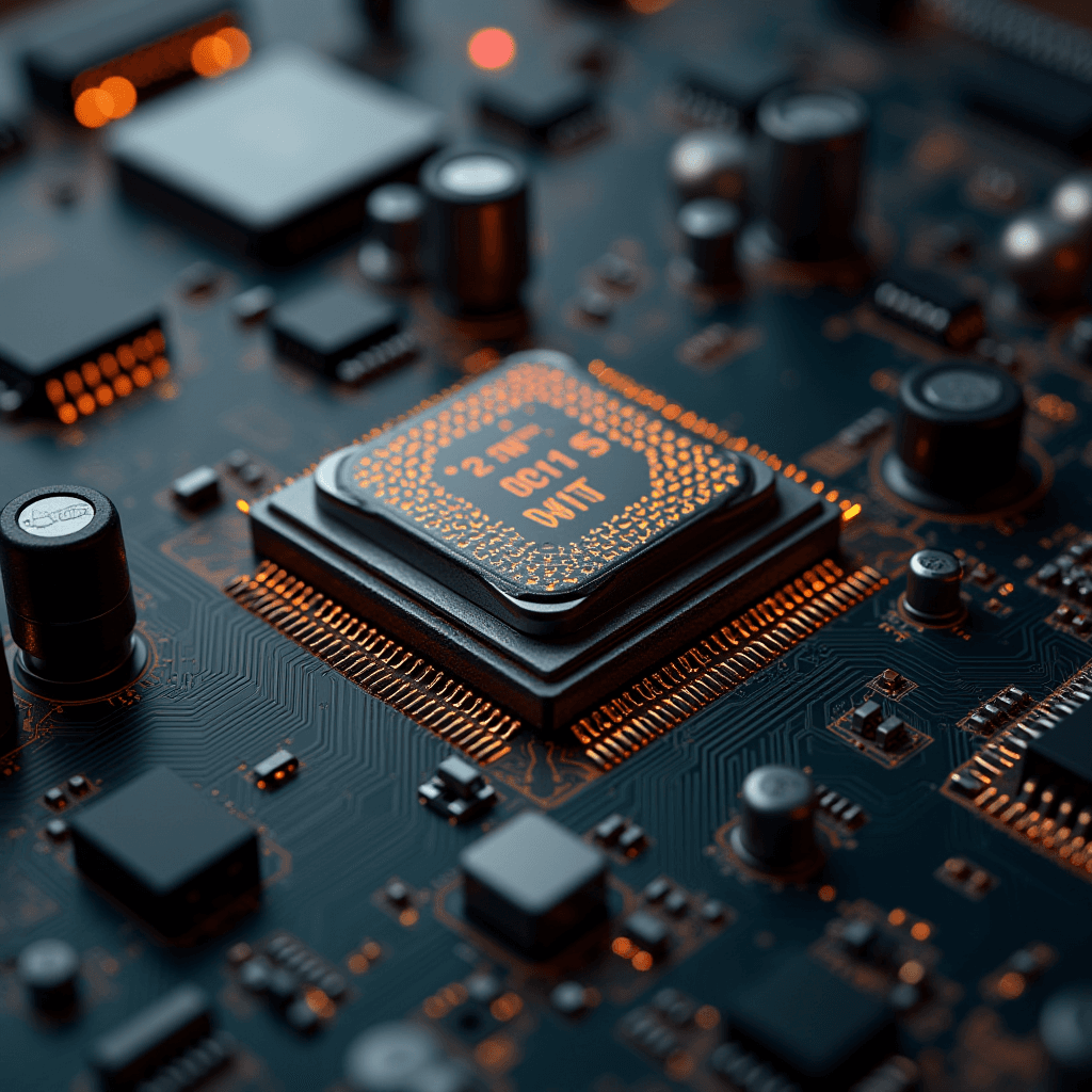 A detailed view of a microchip on a circuit board, glowing with orange light.