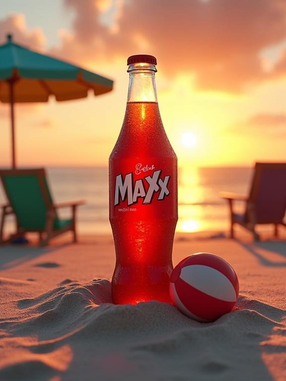 Maxx Cola bottle on sandy beach. Umbrella and two chairs in background. Beach ball beside bottle. Sunset sky in background.