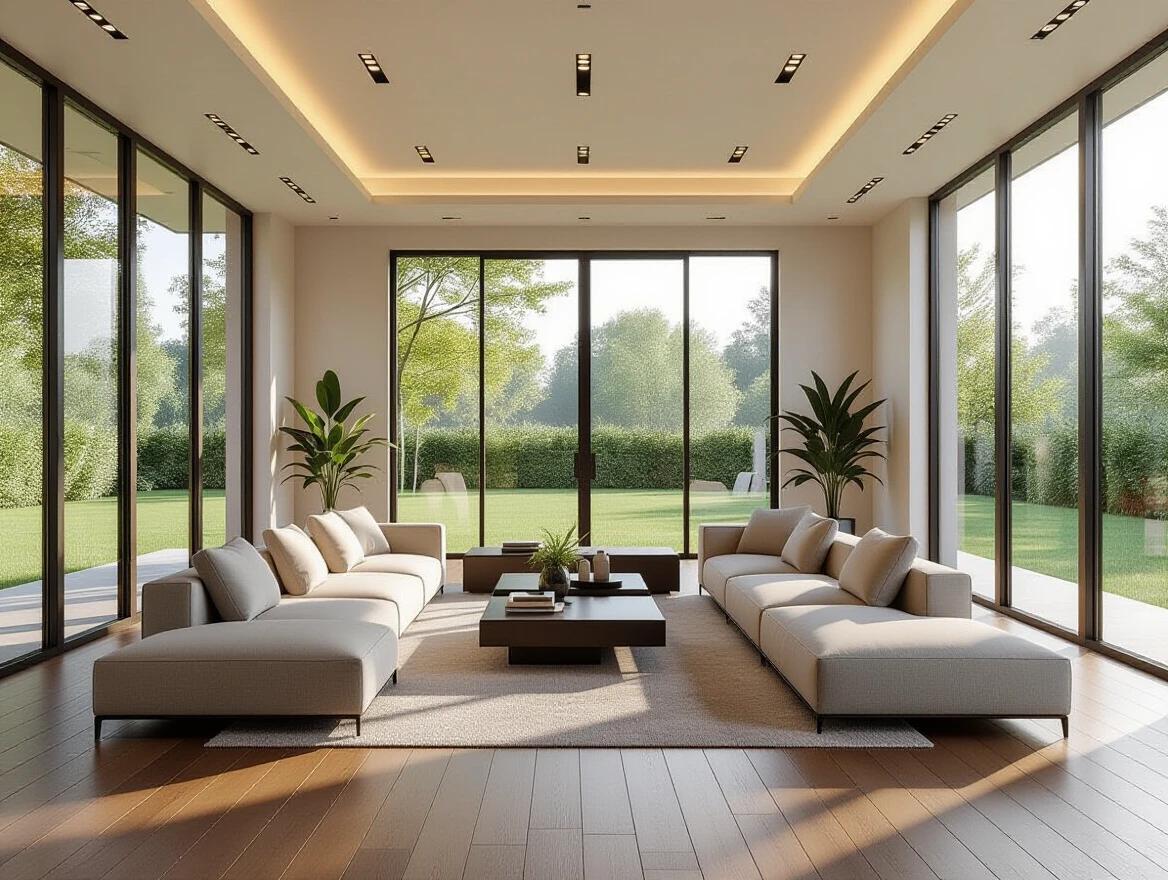 Photorealistic rendering of a modern multipurpose hall. The hall features straight smooth walls with extensive glass windows on the left. Lush grass visible outside through the windows. The flooring is seamless wood with natural grain. Recessed lighting adds ambient glow. Furniture includes contemporary beige sectional sofas and dark coffee tables. Indoor potted plants add greenery. The layout is uncluttered and symmetrical, with a clean and luxurious atmosphere. No skylights or curves present.