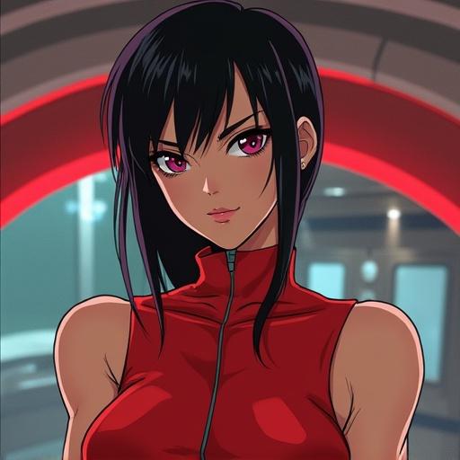 Faye Valentine character in a futuristic setting. Character displays confidence with a striking appearance. Ultra realistic style.