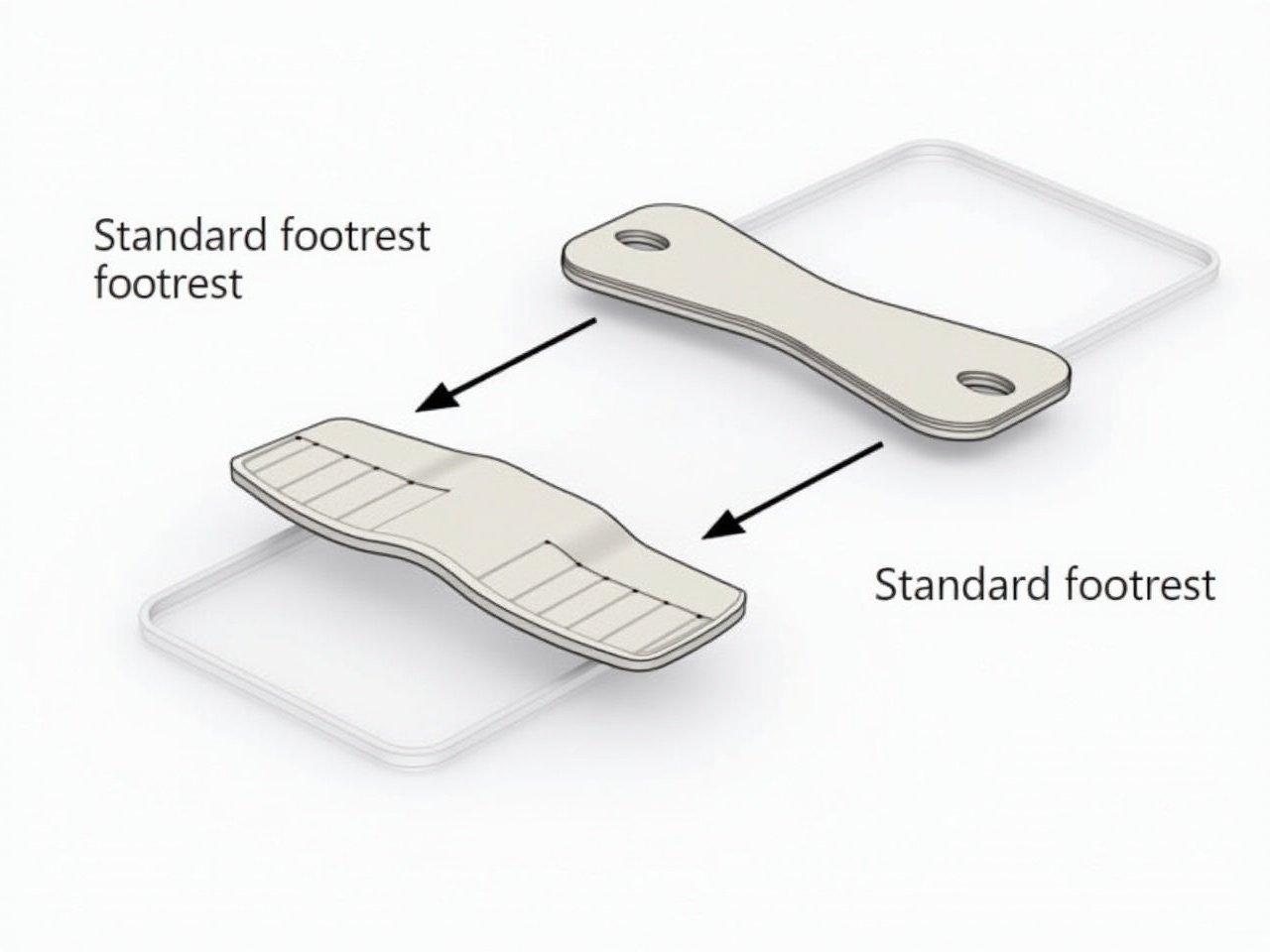 The image depicts a technical sketch of a footrest system. It features two layers: the primary footrest labeled as the standard footrest and a secondary foldable layer. Arrows indicate the two components, emphasizing their relationship. The primary footrest is more rigid, while the second layer is designed to fold away for convenience. The footrest appears to be ergonomically designed with grooves for grip. Overall, the sketch illustrates functionality and practicality in footrest design.