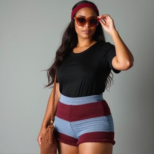 Medium shot of a curvy model wearing a black t-shirt and striped knit shorts. The model has long dark hair and tanned skin. She is adjusting her sunglasses. A brown shoulder bag rests on her shoulder. Background is plain grey. Casual summer vibe with studio lighting.