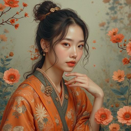 A portrait of an Asian girl wearing traditional attire with a soft and warm ambiance in a floral setting. Hair styled elegantly with accessories. Gentle facial expression and graceful pose.
