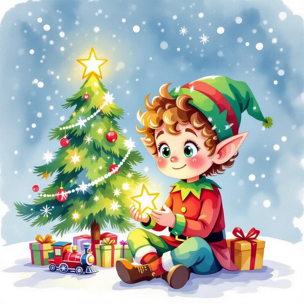Cheerful little elf sits cross-legged in front of Christmas tree. He holds glowing star. Colorful gifts surround him. Snowflakes fall from sky. Toy train circles tree. Vivid watercolor style. Emotional character expression.