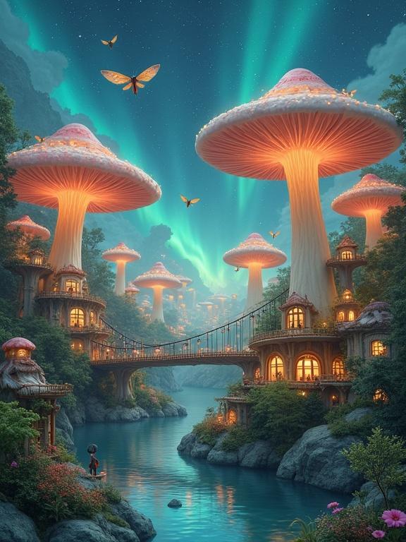 A city built on giant pastel mushrooms. Tiny illuminated windows showcase inner life. Suspension bridges connect structures. A clear river flows between mushroom stems. A starry sky with aurora borealis above. Moths carry inhabitants between city levels.