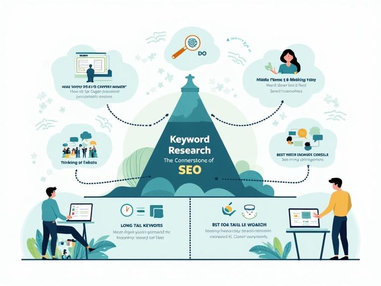 Modern infographic illustrating keyword research concepts in SEO. Features central stone labeled 'Keyword Research – The Cornerstone of SEO'. Two branches extend; one with magnifying glass and digital landscape, another with person idealizing audience questions. Left side shows brainstorm cloud, chatting people, magnifying competitor websites, Reddit/Facebook icons, Google's search suggestions. Right side displays keyword types pyramid showing head, middle, long-tail keywords with competitive icons. Below, split-screen shows free and paid tools for analysis. Background has graphs of search volume versus competition.