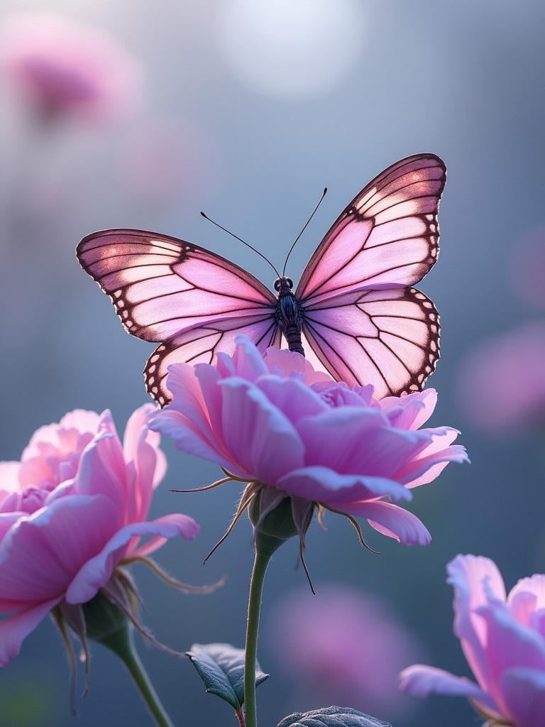 Image features serene portrait of letters JHENARIE surrounded by vibrant pink and lavender roses and butterflies. Background softly blurred to suggest outdoor setting. Cool muted palette enhances tranquility of scene.