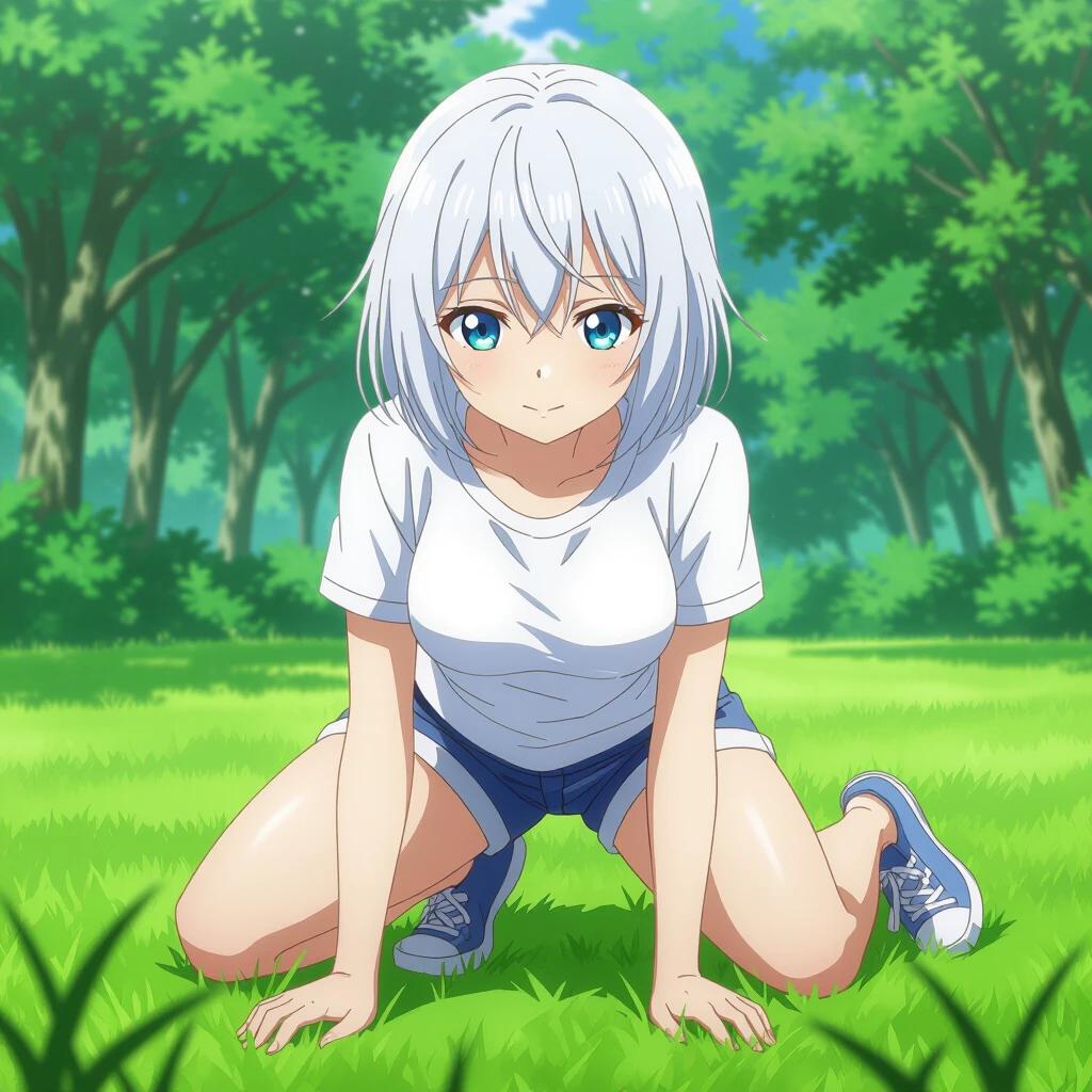 Anime character with short white hair and blue eyes wears a white T-shirt and blue shorts. The character is on all fours posed in a lush natural setting with a green grass background and blue sneaker footwear.