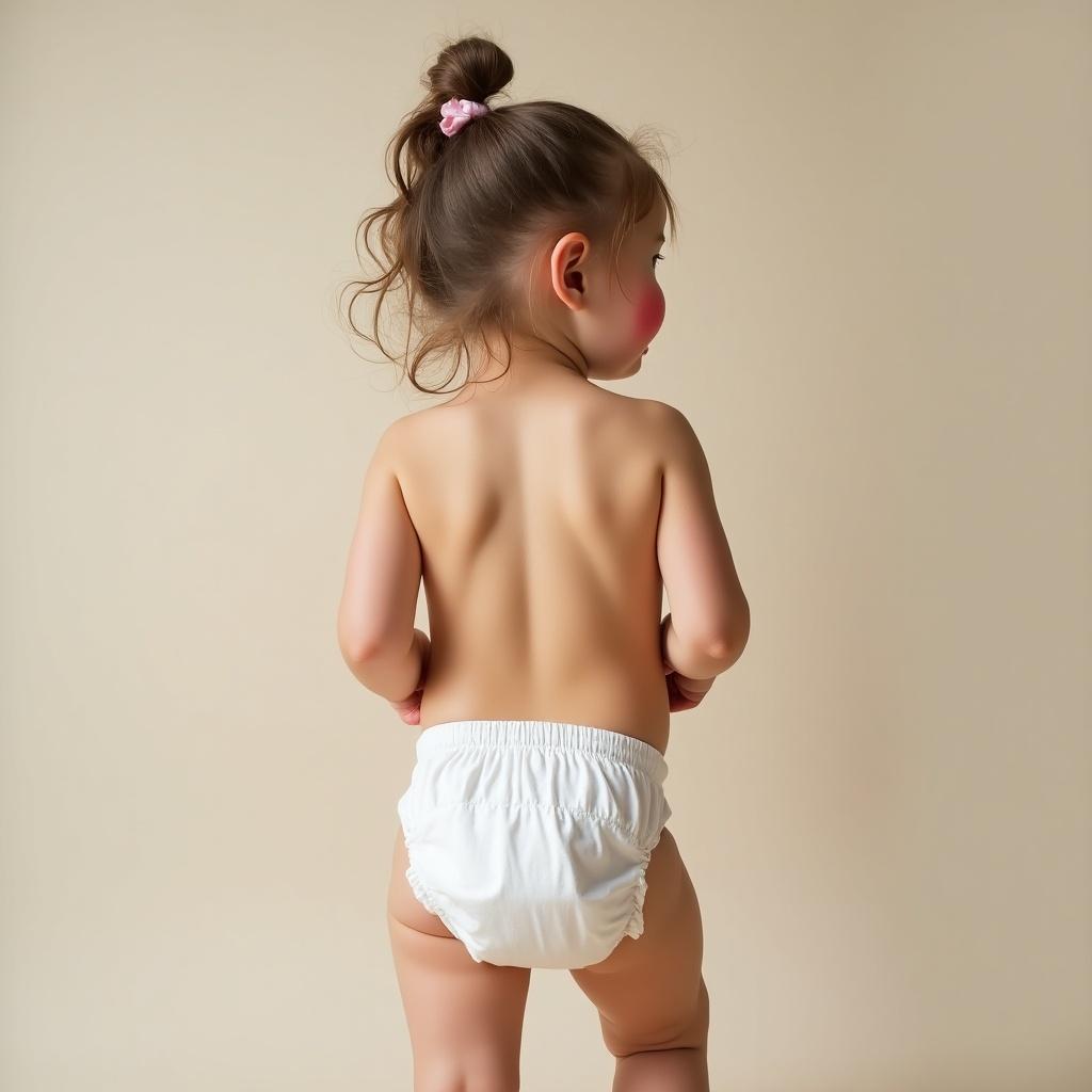 A four-year-old girl wearing a clean diaper with red cheeks. The child is seen from the back, showcasing the diaper. Natural lighting enhances the image.