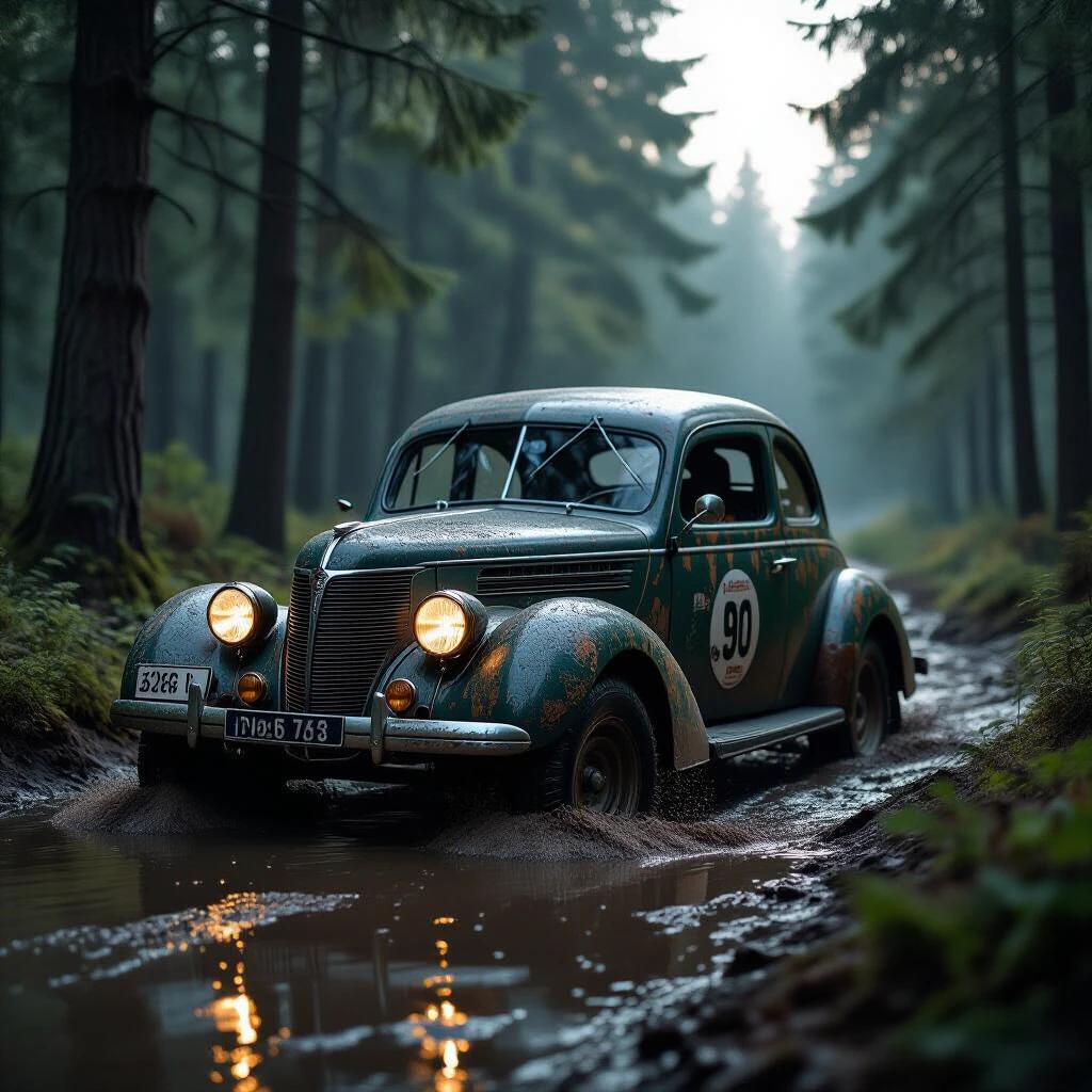 1938 Ford rally car captured in ultra detail and sharpness in the Carpathian forest. Car is mud-splattered and fording a stream at dawn. Pine needles resting on the hood. Cinematic style with a focus on realism.