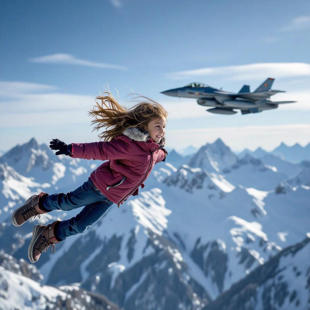 Young girl with long hair flies through the sky next to a fighter jet. Above a snowy mountain range. Scene captures joy and adventure.