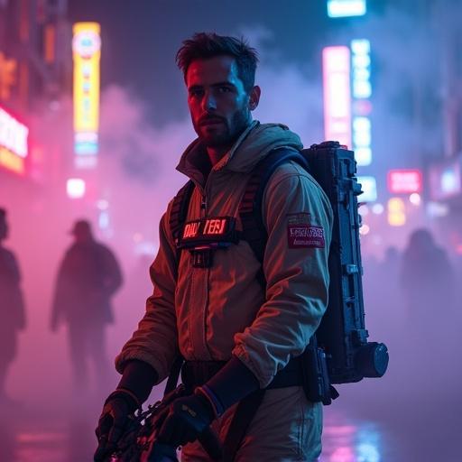 A young man in a ghost-hunting suit stands in a neon-lit city. He carries a futuristic weapon. Mist swirls around him. Ghostly figures are seen in the background. The scene is dynamic and action-filled, evoking high energy.