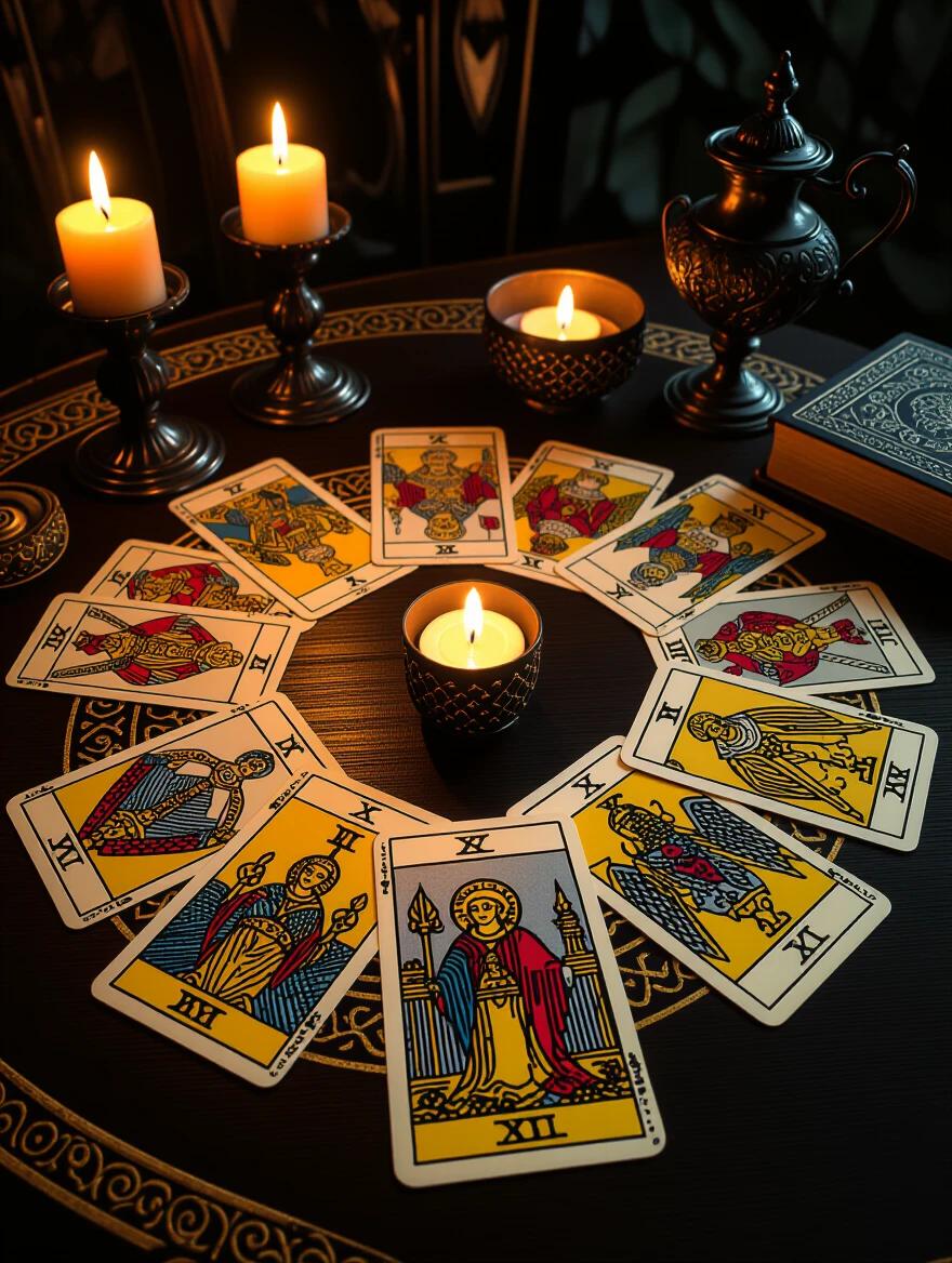 Dark and mysterious image featuring Rider-Waite tarot cards. Cards are illuminated against a black background. Table with candles and incense on one side. Cards arranged in a circular pattern. Professional and realistic photographic appearance in 4K.