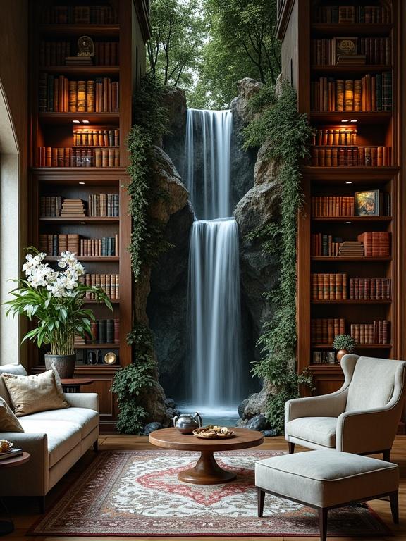 Professional photograph of a living room featuring a bookshelf with waterfalls. Natural elements include orchids and rare birds. The scene is photorealistic and hyperdetailed with vibrant dark colors.