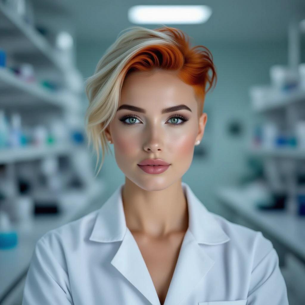 Blonde woman with porcelain skin and green eyes wearing a white jumpsuit. She has red undercut hair and neutral makeup. She is standing in a sterile lab.