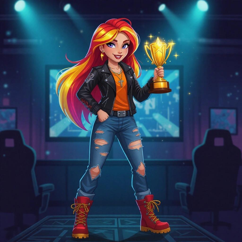 Sunset Shimmer at a gaming competition. She is winning and holding a trophy. Character has long red and yellow hair. She's wearing a black biker jacket with orange shirt. Pants are ripped jeans. Shoes are shiny red hiking boots with yellow laces and yellow soles.