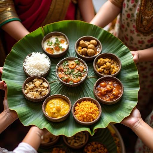 Image shows a large banana leaf platter filled with various traditional Indian dishes in small bowls. The scene features multiple hands reaching for the food, indicating sharing. Joyful expressions on faces of family and friends enhance the atmosphere. The colors are vibrant and inviting, highlighting the richness of Indian cuisine.