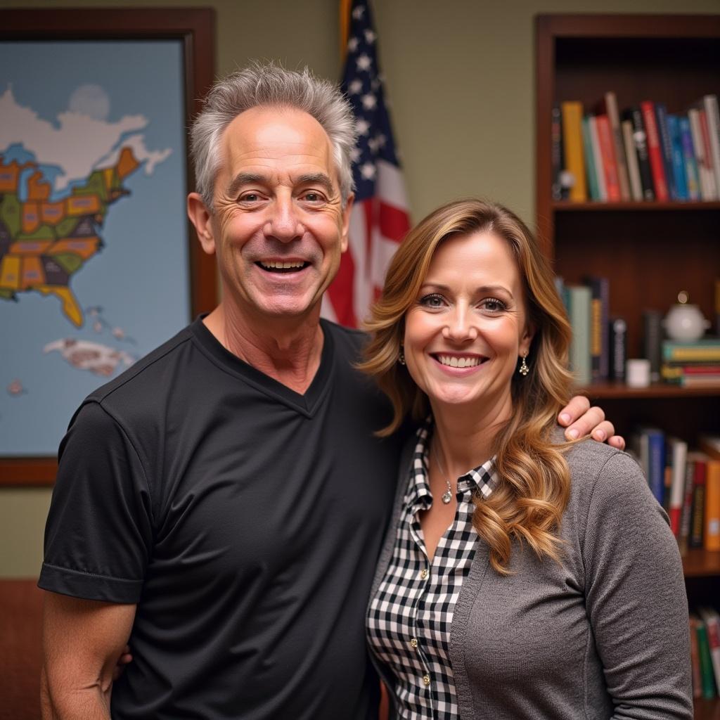 Two individuals pose together indoors. Background features a map and shelves filled with books. A festive atmosphere reflecting the occasion of a 50th birthday celebration. Focus on joyful expressions of the two individuals.